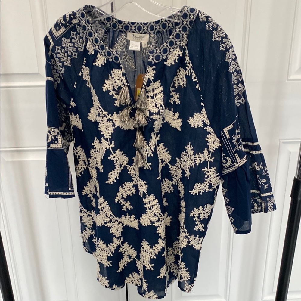 Try Luxe Blue and Cream Embroidered Tunic